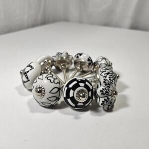 Set Of 9 Ceramic Round Black And White Knobs Dresser Kitchen Glass Unique Fun